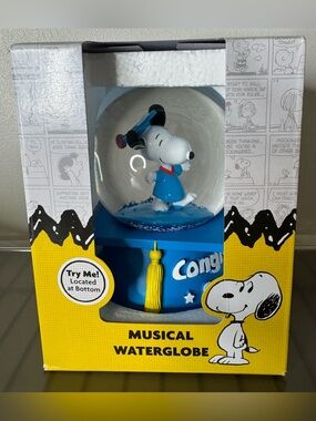 Peanuts Snoopy Graduation musical Snow Globe - Blue and Yellow congrats grad